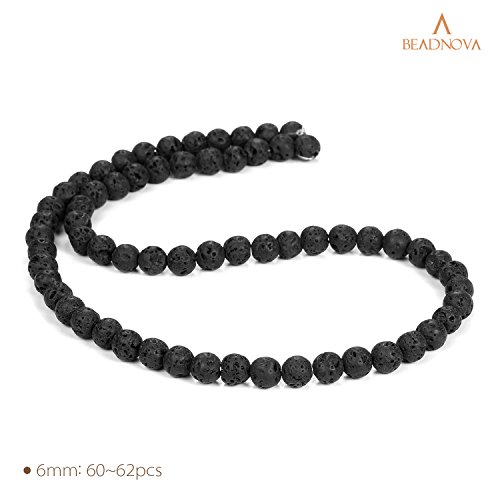 Image of BEADNOVA Black Lava Beads Natural Crystal Beads Stone Gemstone Round Loose Energy Healing with Crystal Stretch Cord for Jewelry Making (6mm, 60-62pcs)