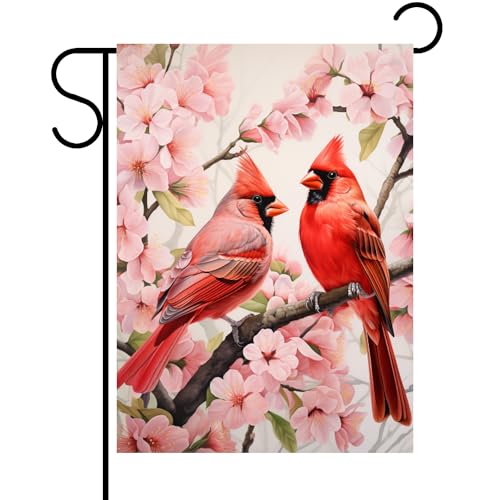 Spring Cardinal Flower Garden Flag 12 x 18 Summer Cardinal Pair Pink Vertical Double Sided Yard Flags For Outside Decorations Cardinal Pink 1
