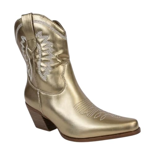 Women Pointed Toe Western Cowboy Cowgirl Low Block Heels Ankle Boots