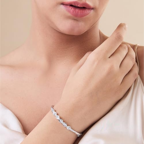 Image of MAIRA 925 Sterling Silver Pure Rhodium plated Swiss Zirconia Studded hypoallergenic Infinity Heart Kada Bracelet Bangle Jewellery | Valentine Gift for Women | Anti Tarnish Kada