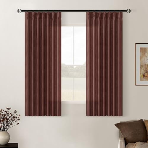 Image of Reddish Brown Pinch Pleated Linen Cafe Curtains 45 Inch Length 2 Panels for Dining Room Kitchen Bedroom Semi Sheer Pleat Drapes with Hooks Rings Light Filtering Short Window Curtain Cabinet 40x45
