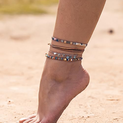FANCY SHINY Waterproof String Anklets Boho Clay Beads Ankle Bracelets Cute Cloth Stainless Steel Coin Anklet Set Beach Summer Jewelry for Women4