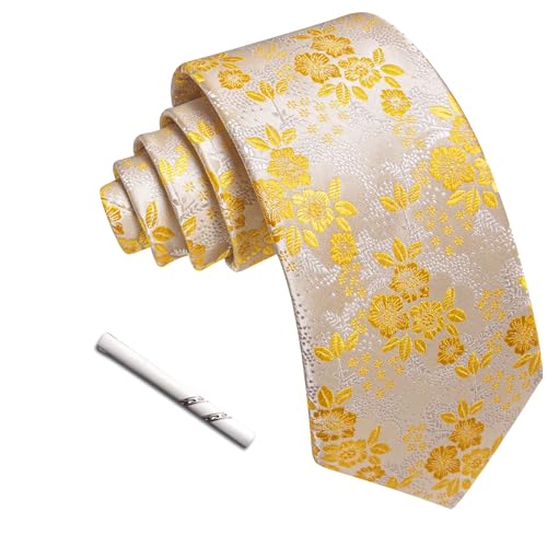 Image of Barry.Wang Floral Ties for Men Flower Necktie with Tie Clip Formal