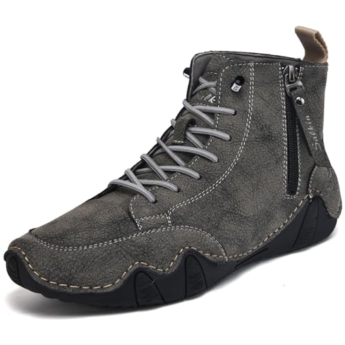 Men's Casual Leather Hand Stitching Lace up Ankle Boots With Side Zipper Lightweight Slip on Comfortable Non-Slip Chukka Boots Business Driving Dress Walking Shoes