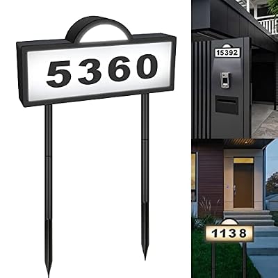 GEYUEYA Solar House Number for Outside, Address Numbers for House,IP65 Waterproof House Number Sign With Dual 3200k Warm White & 6500k Cold White Led, Address Sign Wall Mounted/In Ground for Yard