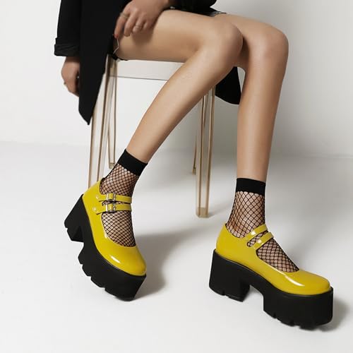 Women's Patent Leather Platform Mary Jane Shoes,Retro Round Toe Two-Strap Buckle Low Heel Chunky Pumps Lug Sole Dress Shoes 6