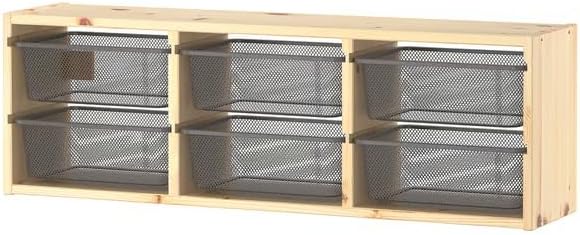Wall Mounted Storage Shelf with 6 Mesh Baskets, Light Pine Wood Frame, Space-Saving Organizer for Entryway, Bedroom, Kitchen or Living Room, Dark Gray, 36.63 x 8.25 x 11.75 Inches