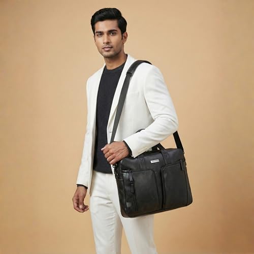 Image of VISMIINTREND Leather Laptop Bags for Men & Women, Office /Travel, Laptop Messenger /Briefcase Bag, Stylish, Fits 13 /14 /15.6 Inch Laptop, Macbook Bag | Corporate Gifts for Men (Orbit Black)