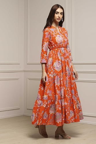 Image of Biba Women's Cotton 3 /4 Sleeves Calf Length Band Collar A-Line Floral Printed Casual Dress