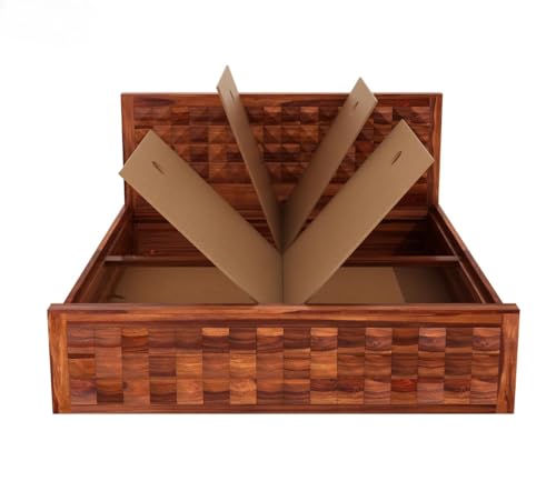 Image of King Size Sheesham Wood Box Storage Bed - Diamond Design Solid Wood Bedroom Bed | Honey Finish Wooden Cot | Eco-Friendly Handmade Indian Furniture | Modern Wooden Storage Bed