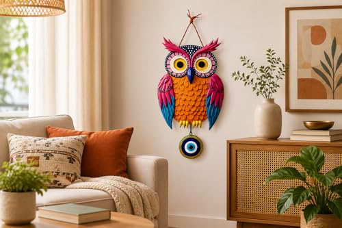 Image of Dakshestry Artworks Owl Wall Hanging with Evil Eye Protection | Handcrafted Colorful Owl Wall Decor for Living Room, Bedroom & Entrance | Good Luck Hanging Decor for Home, Office & Gift | Ready to Hang