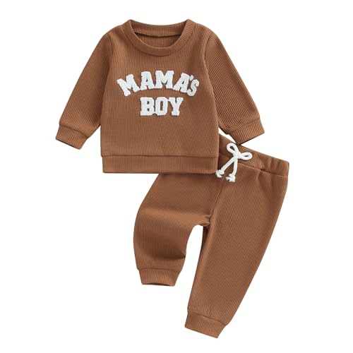 Image of Fall Baby Boy Clothes Mama's Boy Little Dude Embroidered Long Sleeve Sweatshirt Pants Set Waffle Knit Outfit