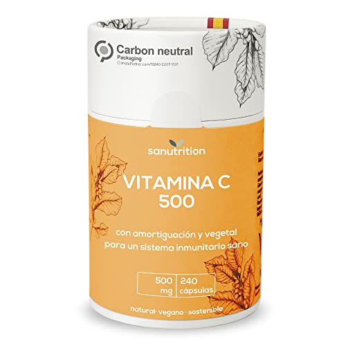 Vitamina C 500 mg por cápsula | 240 cápsulas | Tampón y vegetal | Buena biodisponibilidad y tolerancia | Vegano | Envase 100% papel
