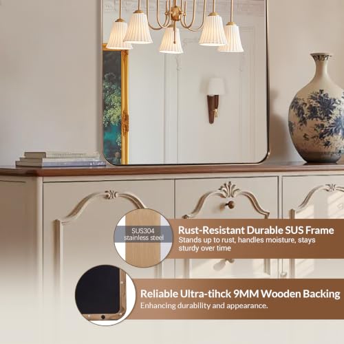 Image of ANDY STAR Brushed Champagne Bronze Arched Bathroom Mirror 22x35 Inch | Stainless Steel Metal Frame, HD Glass, Bathroom Vanity Mirror for Over Sink, Modern Design Wall Mounted, MDF Backboard