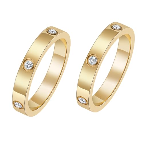 2 PCS Love Friendship Rings, Stainless Steel Promise Wedding Bands Cubic Zirconia Stackable Silver Gold Rings for Women Jewelry, Christmas Anniversary Birthday Gifts for Her, Size 5-10