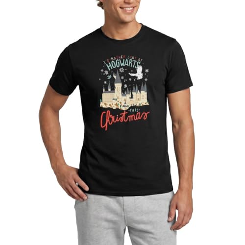 Image of Spreadshirt Harry Potter I'd Rather Stay At Hogwarts Christmas Men's T-Shirt, XL, Black