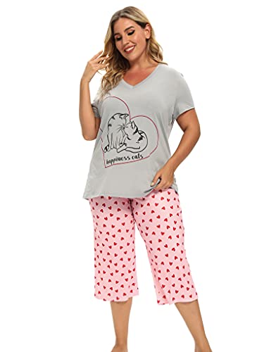 Image of Vozanet Women's Pajamas Set Soft V Neck Sleepwear Top and Capri Pj Lounge Sets Cartoon Heart Shape Cat Nighty Plus Size