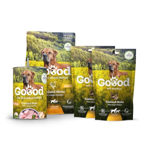 Goood Adult Freilandhuhn Probierpaket – 300g Trockenfutter, 400g Nassfutter, 2X 100g Snacks - Hundefutter mit hochwertigen Proteinen und wertvollem Vollkorn - für alle Rassen und Größen