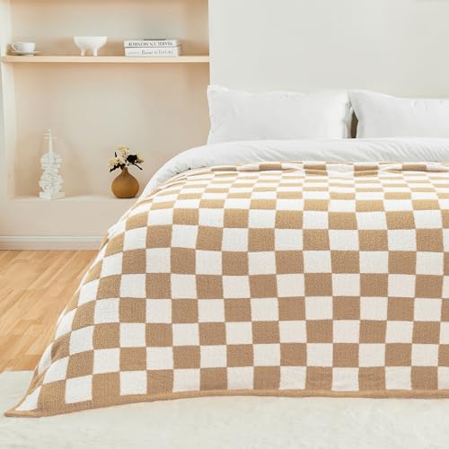 Image of CozeCube Beige White Reversible Checkered Knit Throw Blanket 60 inchx80 inch