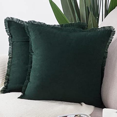 MADIZZ Set of 2 Suede Throw Pillow Covers with Fringe Tassels 20x20 Inch Dark Green Soft Decorative Cushion Cover for Sofa Bedroom Pillow Shell Cover