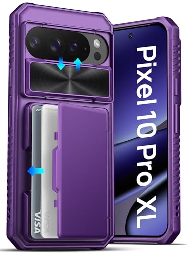 ATATOO for Google Pixel 10 Pro XL Case Built-in Card Holder (Store 3-5 Cards) & Slide Camera Cover & RFID Blocking Military Grade Protection Wallet Case for Pixel 10 Pro XL 6.8 2025 Dark Purple