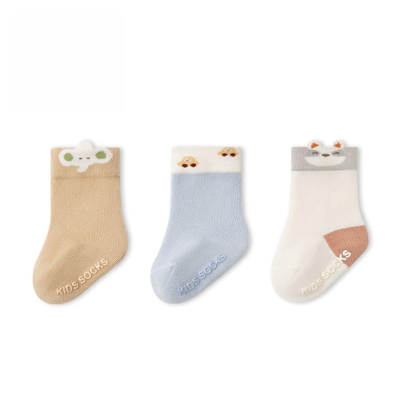 3-Pack Baby Socks with Cute Animal Faces & Non-Slip Soles – Soft Cotton Toddler Socks for Boys & Girls