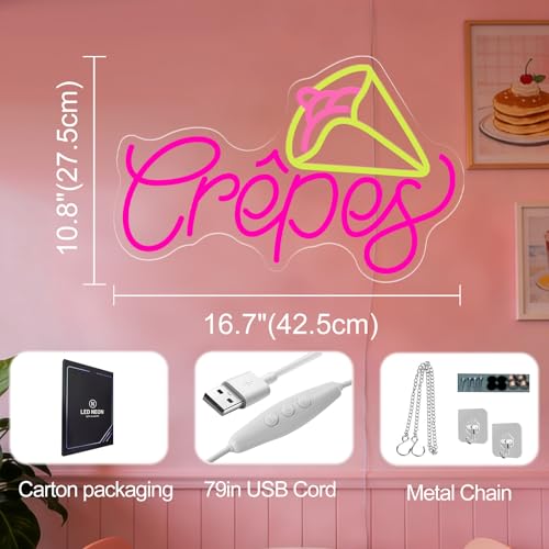 Image of French Crepes Neon Sign, LED Neon Sign Wall Decor for Dessert Cafe Bakery Kitchen, Food Neon Signs for Wall Decor Gift for Crepe Lovers 16.7 inch x 10.8 inch