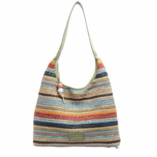 summer colorful straw woven shoulder bags for women, vacation crochet raffia boho striped tote bags with zipper, beach necessities cute trendy slouchy lightweight handbags