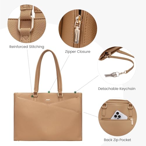 Image of LOVEVOOK Laptop Bag for Women 17.3 Inch Tote Bags Waterproof Leather Briefcase Computer Women Business Office Work Bag,Apricot