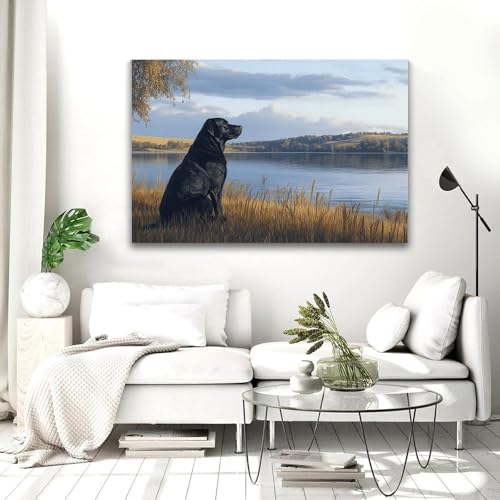 カントリー風景 ビンテージ 黒い犬と池のウォールアート キャンバスポスター、自然動物の絵画の壁飾り、リビングルームや寝室、オフィス、廊下、玄関、ファームハウスのインテリアに最適 24x36inch(60x90cm) [5]