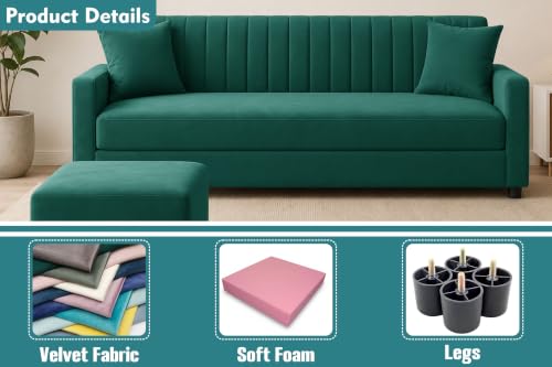 Image of 3 Seater Wooden Sofa Set with Ottoman for Living Room | Premium Velvet Fabric Wooden Frame | Modern Design | Comfortable Cushioned Sofafor Home, Office & Lounge | Green