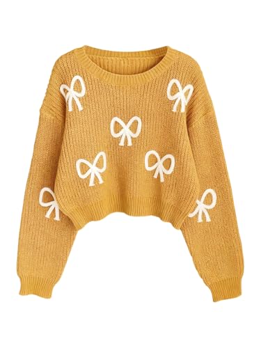 Image of BEAUDRM Girl's Cute Bow Sweater Crew Neck Long Sleeve Drop Shoulder Loose Pullover Tops
