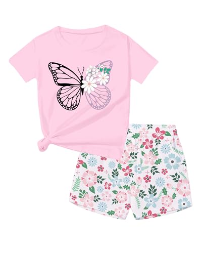 Image of Bestuline Girls Summer 2 Piece Outfits,Basic Short Sleeve Top & Shorts Set with Side Pockets,4-14Y