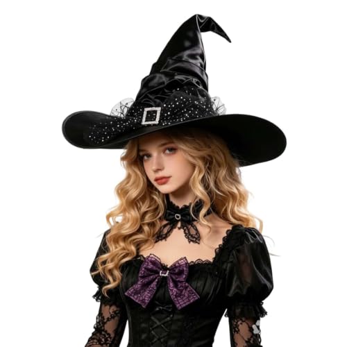 BJUTIR Witch Hat For Women, Wide Brim Halloween Wizard Hat With Tulle Veil - image 1