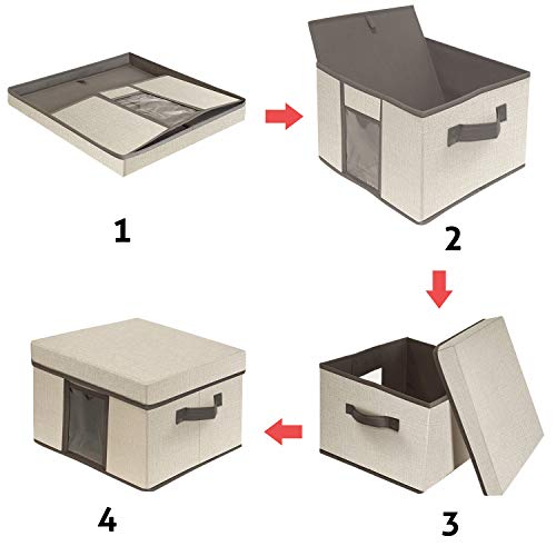 Storage Bins with Lids for Closet 3pk - Foldable Clear Toy Chest Boxes with Handles,Extra Large Linen Organizer Containers Baskets for Pantry,Shelves and Bedroom(Beige)