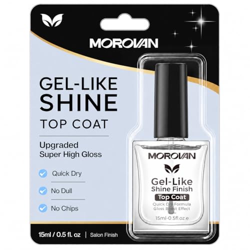 Morovan Top Coat Nail Polish: Gel-Like High Gloss Top Coat For 12 Day Long Lasting Shine 60s Quick Dry No Chip Anti-Stain Clear Nail Polish Fast Air Dry Salon Quality For Regular Polish Wear 0.5 fl oz