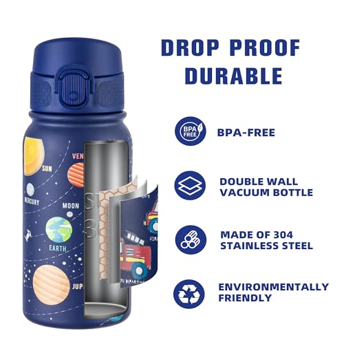 Image of GOPPUS Kids 12oz Insulated Stainless Steel Water Bottle, Leakproof Vacuum Tumbler with Carry Handle, Fits Cup Holders, Reusable Water Bottle for School Outdoor, Boys & Girls（Blue Starry Sky）