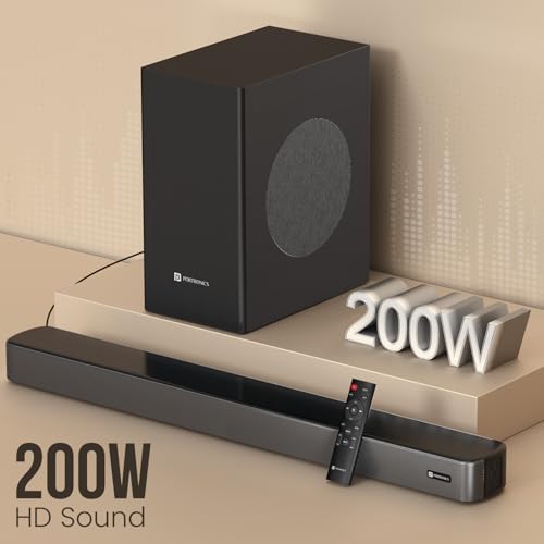 Image of Portronics 200W Spatial Arc Bluetooth Soundbar with Wired Subwoofer for Deep Bass & Spatial Audio, 2.1 Channel Home Theatre, HD Sound,EQ Modes, BT 5.4V,HDMI,Optical, AUX,USB Port,Remote Control(Black)