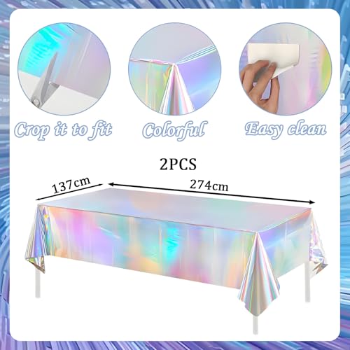 yayafunfun 2Pcs Rainbow Tablecloth for Iridescent Party Decorations,137x274cm Plastic Holographic Table Cloths Foil Table Cover for Birthday,Mermaid,Under Sea Ocean Rainbow Disco Party Decorations