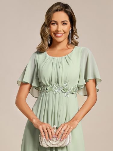 Image of Ever-Pretty Women's Classic Round Neck Pleated Short Sleeves Chiffon Appliques Floor Length A Line Formal Evening Dresses