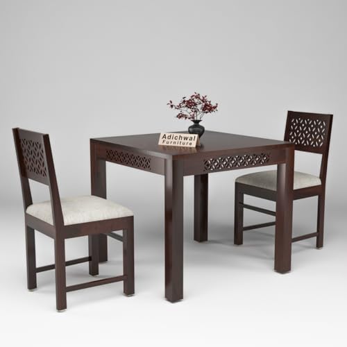 Image of Solid Sheesham Wood 2 Seater Dining Table Set with Cushioned Chairs for Dining Room | Living Room | Home & Office | Hotels Restaurant & Cafe (2 Seater, Walnut A)
