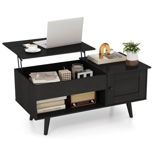 Giantex Lift Top Coffee Table with Storage, Living Room Table with Hidden Compartment, Cabinet & Open Shelf, Flip Top Center Table, Pull up Coffee Table for Home, Office (Black)