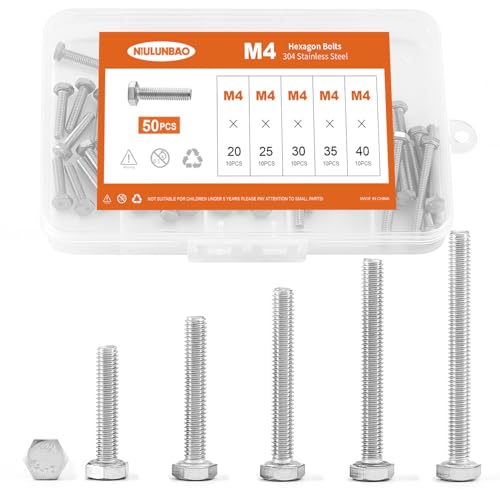 Image of M4 x 20mm 25mm 30mm 35mm 40mm Heavy Duty Hexagon Bolts Hex Head Screws, 304 Stainless Steel, Metric Machine Fully Threaded, Bright Finish, Assortment Kit 50PCS