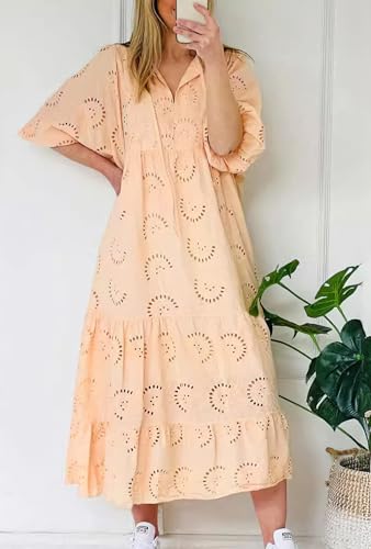 Image of chouyatou Women's Summer Loose Floral Lace Eyelet Dress Boho Casual Notch Neck Maxi Tunic Beach Dress