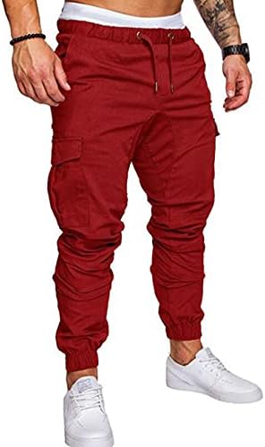 Kroivil Men's Casual Pants Drawstring Sweat Jogging Cargo with Pockets Joggers Long Sports Active for Men Gym Training Pants Red