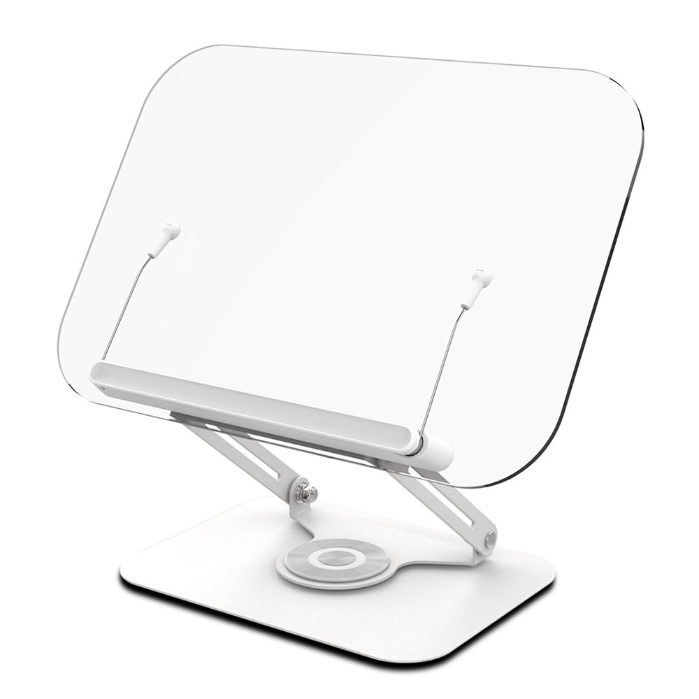 Soporte giratorio de 360° para libros de escritorio con panel acrílico transparente, clips de página, plegable y soporte ajustable en ángulo para libros de cocina, libro de texto, recetas, revistas,
