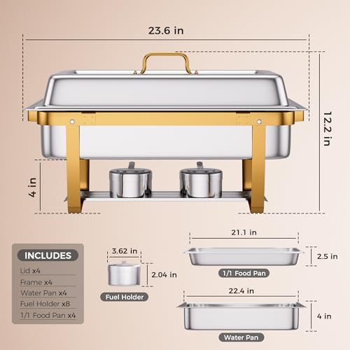4 Pans Gold 18/8 (304) Stainless Steel 4 Pack Chafing Dishes for Buffet 9QT Stackable Chafing Dish Buffet Set Food Warmer, Food Warmers for Parties Buffet Catering Events Dinners-RG404 - Image 3