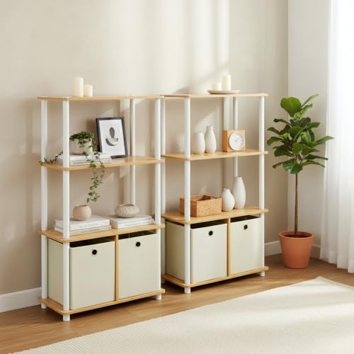 Image of Furinno Go Green 4-Tier Multipurpose Storage Rack Shelving Unit with Bins (Set of 2), Beech