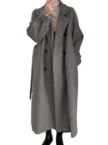 utcoco Womens Plaid Tweed Blazer Trench Coat Notched Double Breasted Belted Midi Pea Coat
