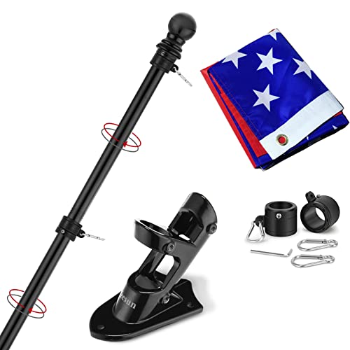 Yeesun Flag Pole for House with 3x5 American Flag 6 FT Wall Mount with Bracket for Home Porch Outdoor Deco.Residential or Commerical Tangle Free Flag Pole Kit (Black)